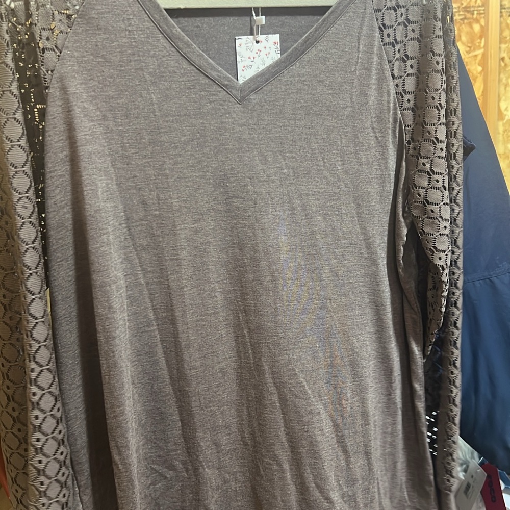 Gray V-Neck Top with Lace Sleeves